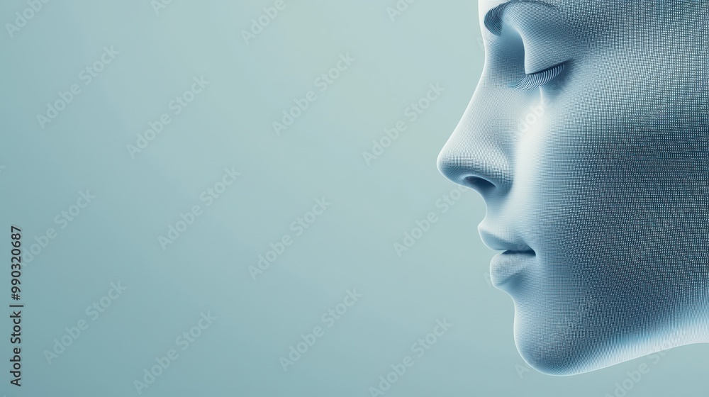 Poster abstract profile view of a futuristic human-like face with soft blue hues on a smooth gradient backg