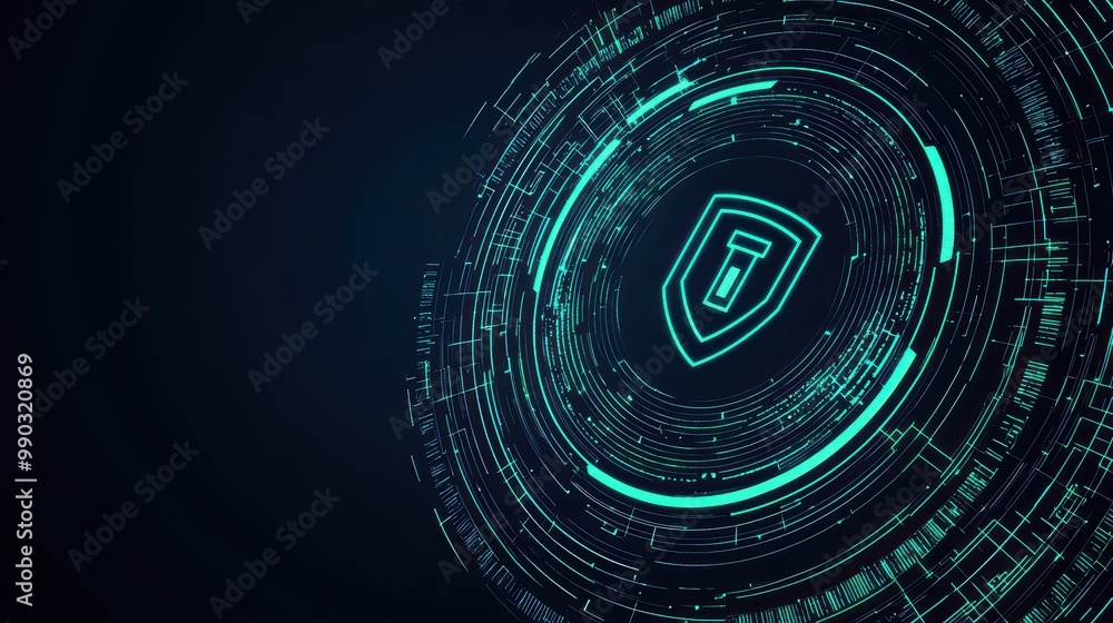 Poster abstract technology illustration featuring a digital shield and circuit patterns on a dark backgroun