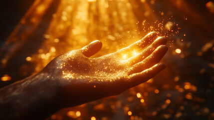 open hand reaches towards radiant golden sunlight, symbolizing hope, aspiration, and a connection to higher powers. The glowing light conveys warmth, spiritual growth, and endless possibilities