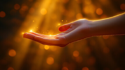 open hand reaches towards radiant golden sunlight, symbolizing hope, aspiration, and a connection to higher powers. The glowing light conveys warmth, spiritual growth, and endless possibilities