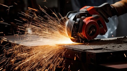 A powerful hammer strike sends sparks flying in a workshop, emphasizing strength and craftsmanship.