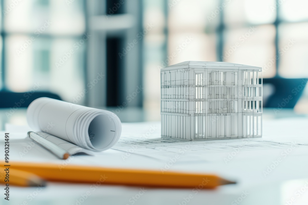 Poster architectural model on the table with blueprints and drawing tools, surrounded by a bright workspace
