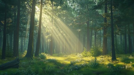 Sunlight shines brightly through the trees, creating a magical atmosphere in the pine forest.