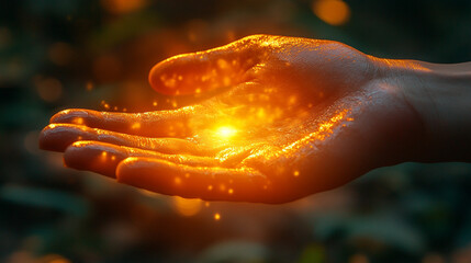 open hand reaches towards radiant golden sunlight, symbolizing hope, aspiration, and a connection to higher powers. The glowing light conveys warmth, spiritual growth, and endless possibilities
