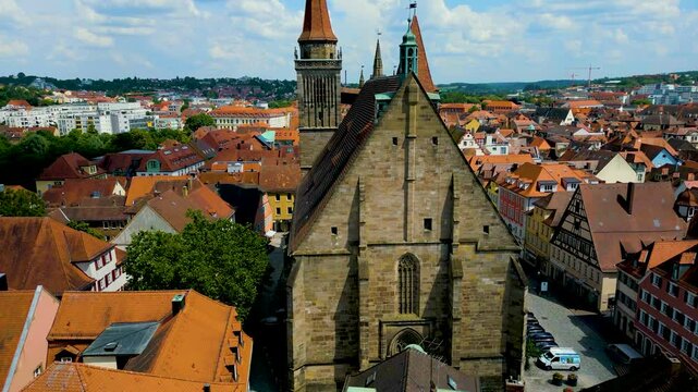 4K Aerial Drone Video of the St. Johannis Kirche Church in Downtown Ansbach, Germany