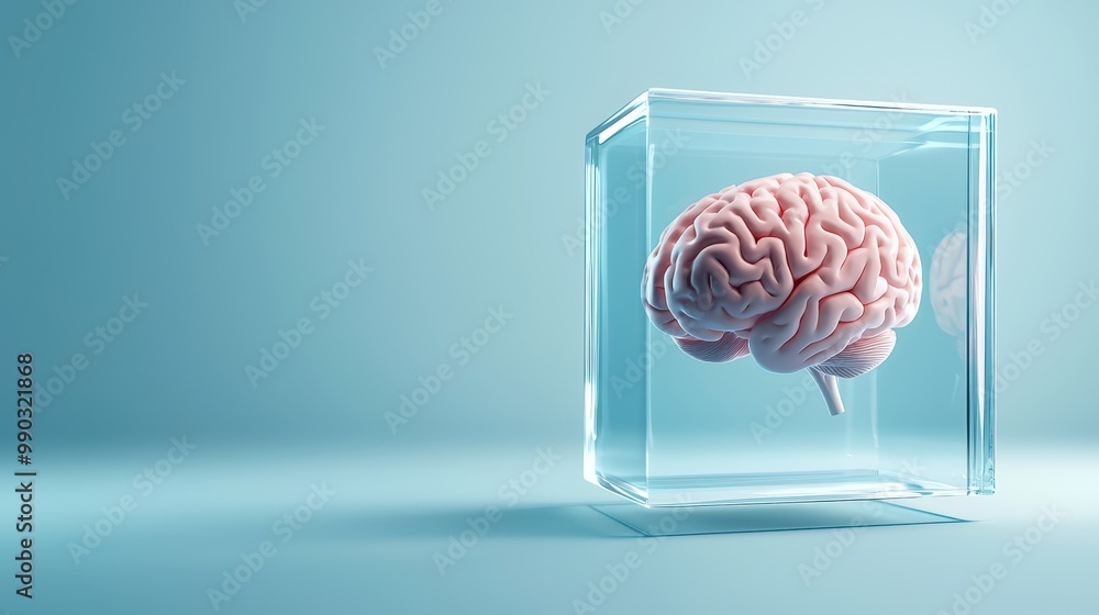 Poster brain model encased in glass cube, illuminated by soft light, creating an intriguing scientific pres