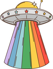 Groovy cartoon space UFO or alien saucer with rainbow stars, vector retro comic. 70s retro groovy art alien UFO spaceship with psychedelic rainbow laser and galaxy stars for funky disco or rave badge © Vector Tradition