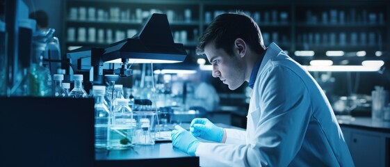 A scientist works intently in a modern laboratory, surrounded by equipment, epitomizing dedication and focus on scientific research.