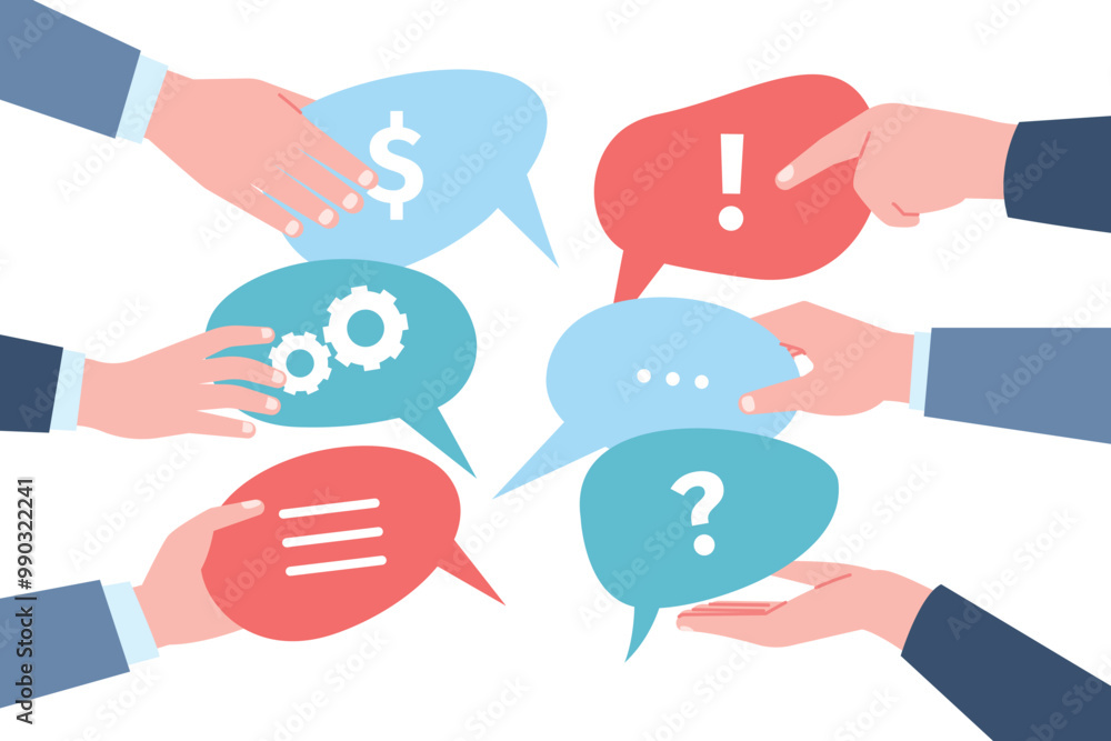 Wall mural Business conversation abstract concept. Hand holding speech bubbles with different expression signs. Social media communication brainstorm recent vector scene