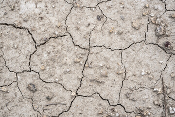 Top view of cracked soil due to drought caused by climate change and global warming
