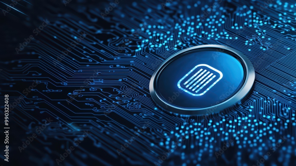 Poster close-up of a futuristic microchip on a circuit board, illuminated with a blue glow against a dark b