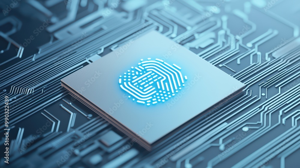 Poster close-up of a microchip with a fingerprint design on a circuit board.