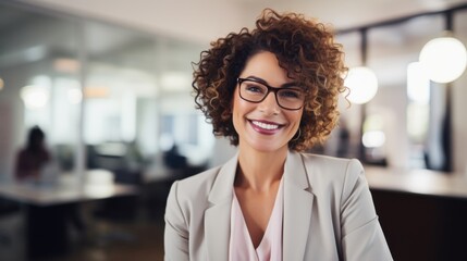 Obraz premium A successful, confident woman smiles warmly in a contemporary office setting, radiating professionalism, positivity, and friendly leadership.
