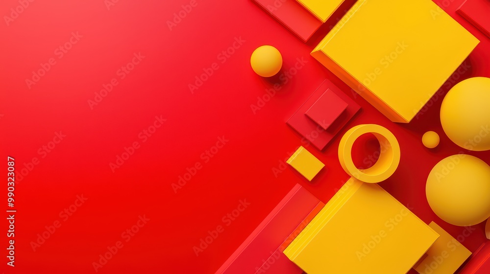 Poster colorful geometric shapes on a vibrant red background, creating an abstract and modern design.