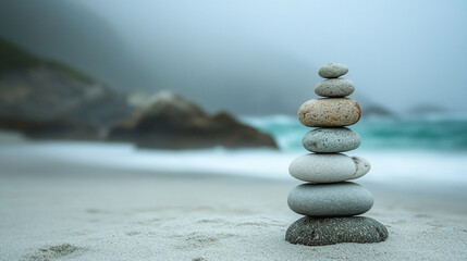 serene beach scene featuring smooth rocks meticulously stacked in balance, symbolizing tranquility, harmony, and meditation. The peaceful shoreline enhances the sense of calm and introspection