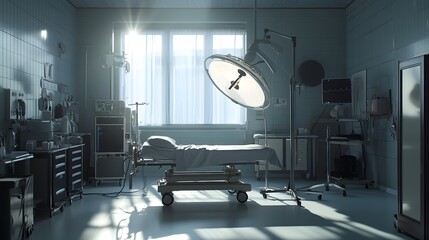 Sterile Hospital Operating Room with Equipment and a Surgical Light