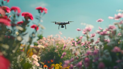 Autonomous Drone Delivering Flowers Gently Hovering Above Picturesque Garden