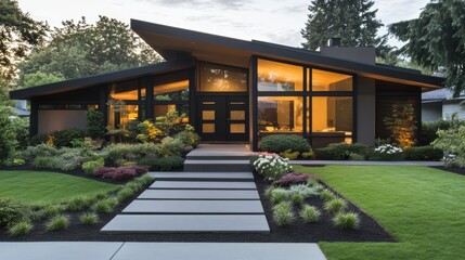 Fototapeta premium A modern house with large windows, surrounded by lush gardens, featuring a unique architectural design and stone pathway leading to the entrance.