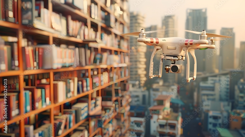 Poster drone delivering book to rooftop library in densely packed urban area navigating complex airspace