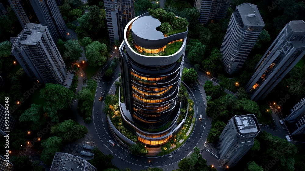 Poster modern architecture: a futuristic skyscraper with a rooftop garden and a circular road, illuminated 