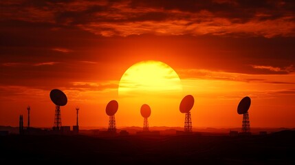 Fototapeta premium Desert military outpost with futuristic architecture, advanced radar domes, automated vehicles, and high-tech runways, surrounded by barren landscapes