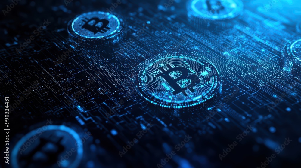 Poster digital representation of bitcoin on a futuristic blue circuit background.