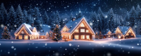Fototapeta premium A snow-covered landscape features charming wooden houses illuminated warmly, surrounded by dense evergreen trees, creating a cozy winter scene.