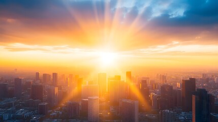 Aerial view of a bustling modern city during a vibrant sunset