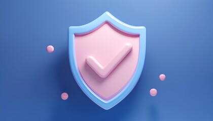 A stylized shield icon with a pink checkmark on a blue background, symbolizing protection, security, and trust.