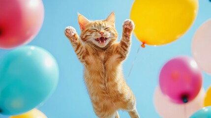 a ginger cat jumping, expressing his joyful and happiness. on the blue bright sky and colorful balloons.