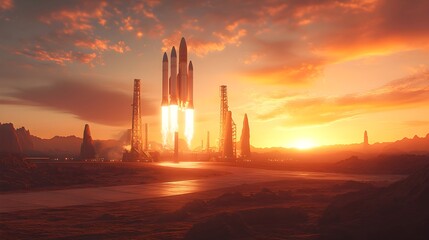 High-tech spaceport surrounded by desert landscape, rockets prepped for launch, glowing neon outlines, futuristic, steampunk, 3D rendering, deep orange sunset in the background