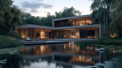 3D visualization of a modern house with minimalistic design, highlighted against a white background, focusing on simplicity.