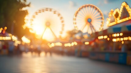 Aerial view of a massive carnival with colorful tents and a Ferris wheel