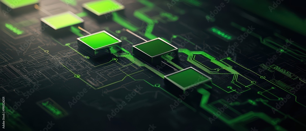Poster futuristic circuit board with glowing green modules on a dark background, showcasing advanced techno