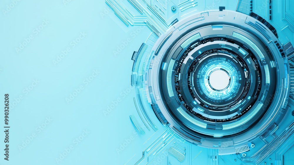 Poster futuristic blue abstract background featuring circular digital design and intricate patterns.