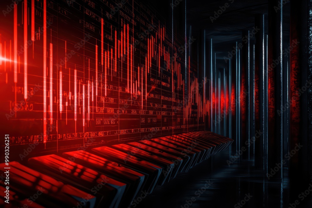 Poster futuristic digital data visualization with red graphics on a dark background.
