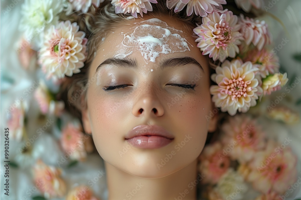 Sticker A woman getting a facial at the spa with flowers on her head, relaxing spa treatment with cream on her face.