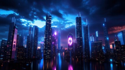Obraz premium Futuristic Cityscape with Neon Lights at Dusk