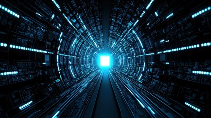Futuristic tunnel with glowing blue lights leading to a bright exit.