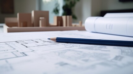 Architectural blueprints on a desk, accompanied by a pencil, depict meticulous planning and design work in a professional setting.