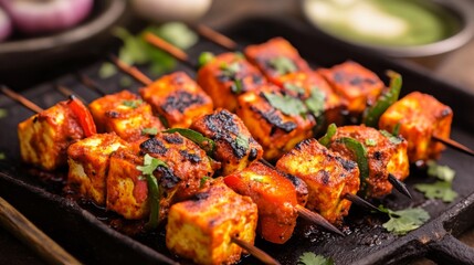Grilled paneer skewers with bell peppers and cilantro on a black platter.