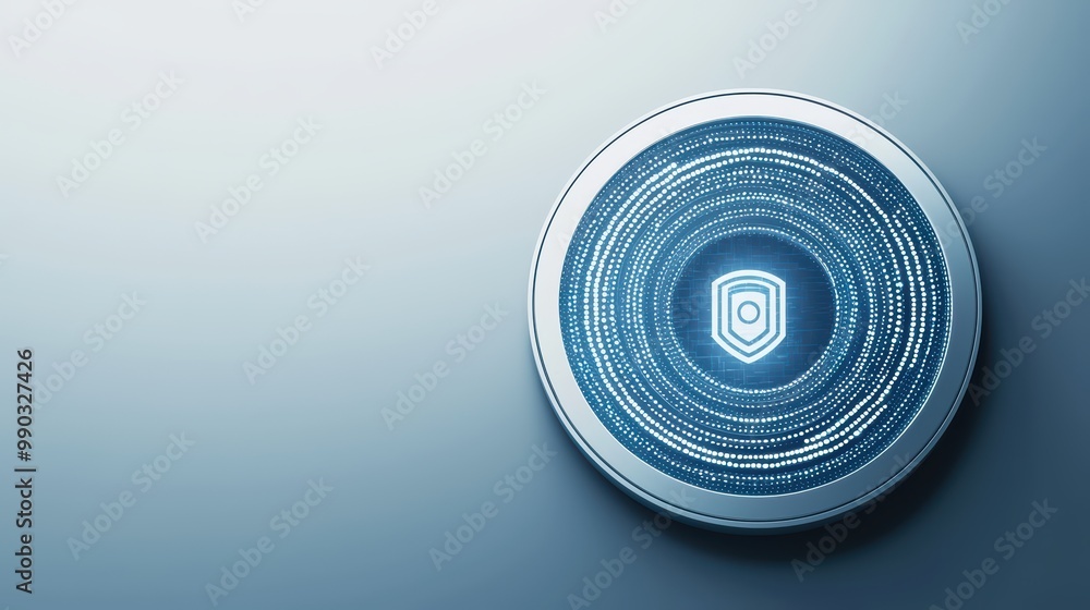 Poster high-tech shield symbol on a digital circuit background, representing security and protection.