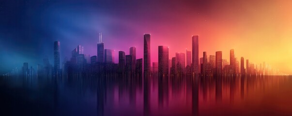 Fototapeta premium A vibrant skyline at sunset, showcasing tall buildings illuminated by colorful lights against a gradient background of blue and orange.