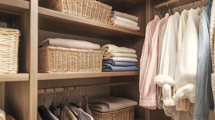 Modern walk-in closet with wooden shelves and drawers, hanging clothes