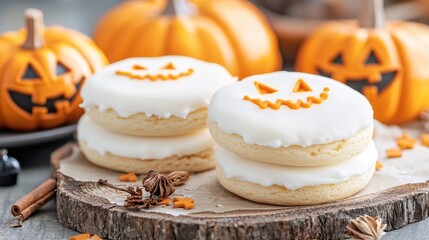 A flat-lay composition banner with Jack-o-lantern cookie cutters, orange sprinkles, and Halloween decorations on a rustic table with ample copy space for text