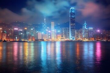 Fototapeta premium Nighttime View of Hong Kong's Vibrant Skyline and Water Reflections