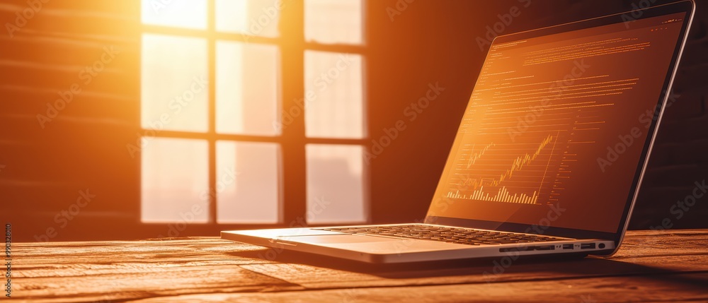 Poster laptop on wooden table with data analysis displayed on screen, illuminated by warm sunlight from the