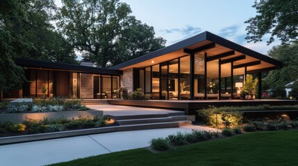 A modern home with large glass windows, surrounded by greenery, showcasing sleek architecture and outdoor lighting in a tranquil setting at dusk.