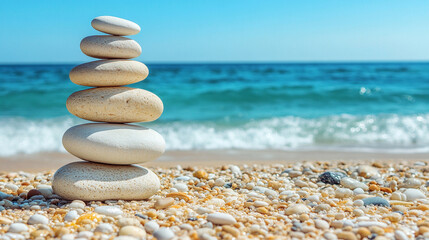 serene beach scene featuring smooth rocks meticulously stacked in balance, symbolizing tranquility, harmony, and meditation. The peaceful shoreline enhances the sense of calm and introspection