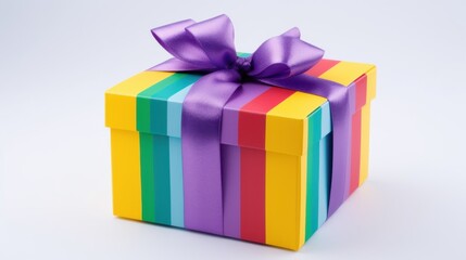 Obraz premium Colorful rainbow-themed gift box adorned with a purple ribbon, elegantly designed for festive celebrations against a plain white background.